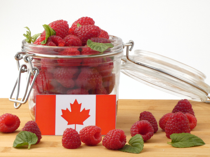 Healthy Eating Tips Nutrition Tips: raspberries in a jar and on table with Canadian flag
